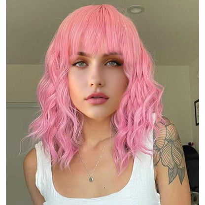 Rosa Lockenkopf Perücke – Synthetisch, Mittelhaar, Cosplay