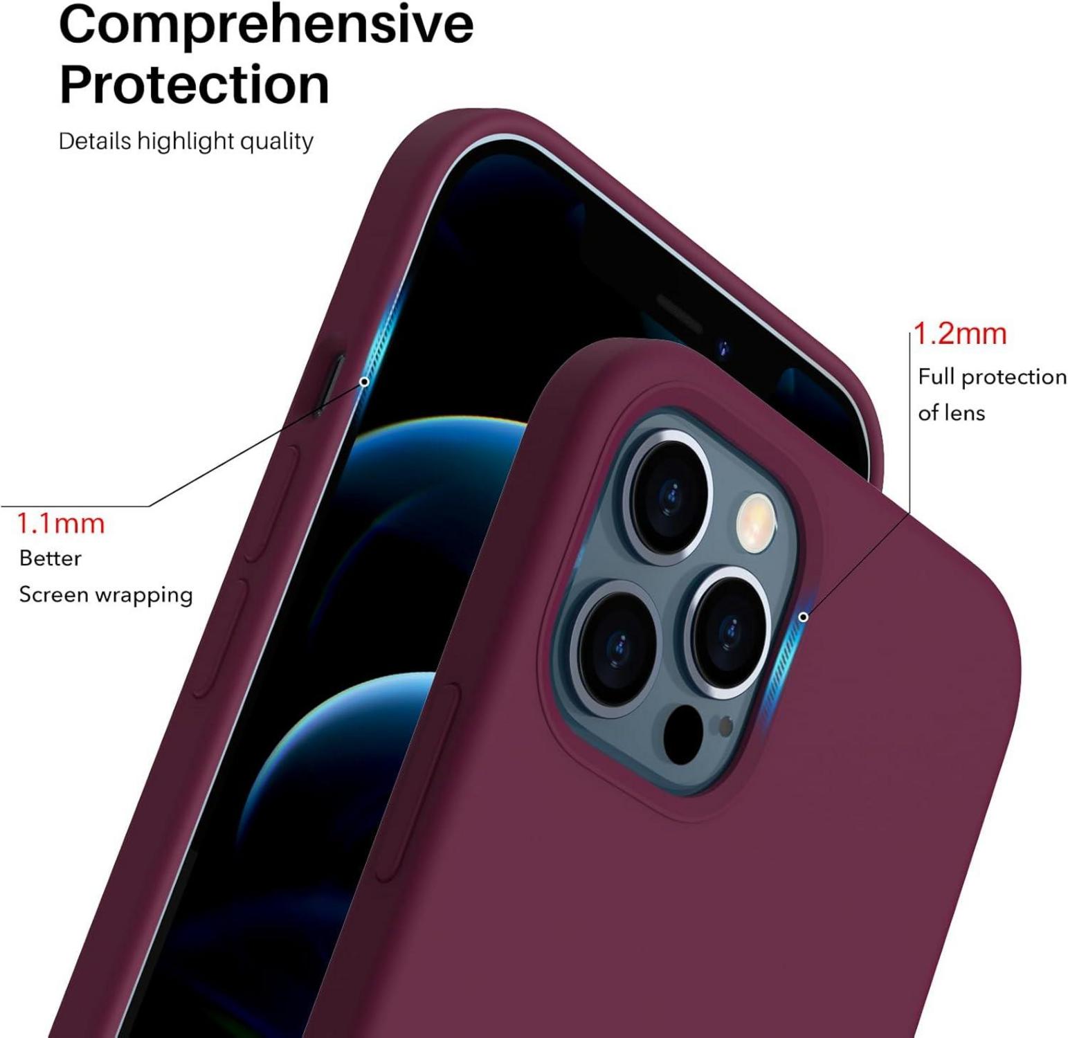 ORNARTO iPhone 12 Pro 6,1 Silikon Case Voller Schutz Weinrot