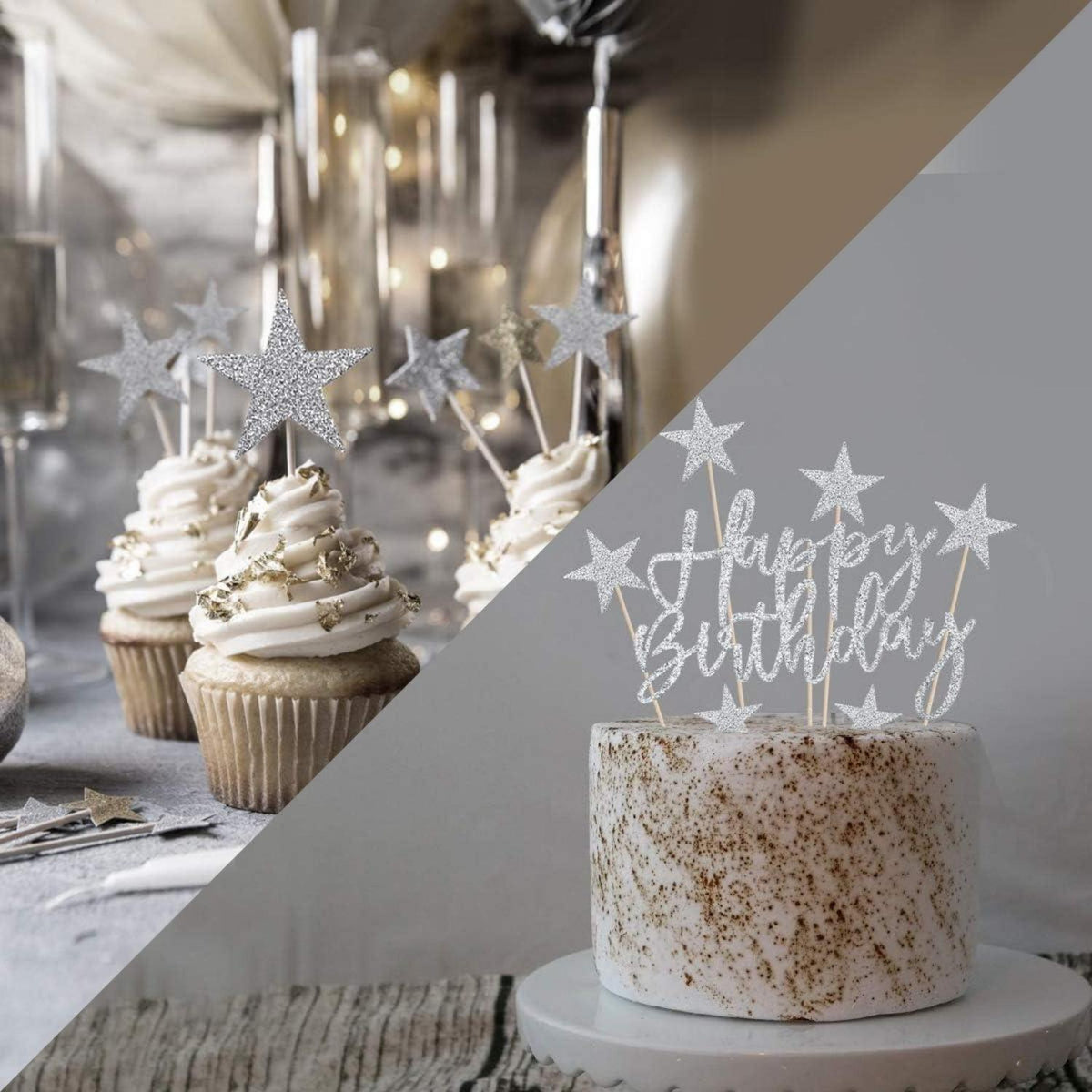 Happy Birthday Tortendeko Set Silber Sterne Topper Luftballon - iZoeL