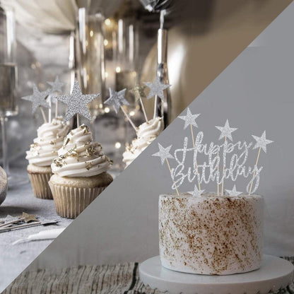 Happy Birthday Tortendeko Set Silber Sterne Topper Luftballon - iZoeL