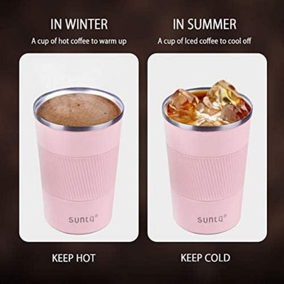 SUNTQ Kaffeebecher to go Thermo Edelstahl Gummierte Manschette Rosa 380ml