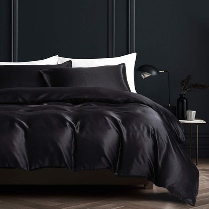 Satin Bettwäsche Set Schwarz 200x200cm + 2x 80x80cm