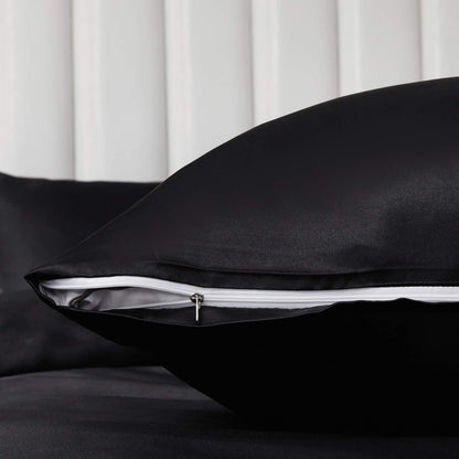 Satin Bettwäsche Set Schwarz 200x200cm + 2x 80x80cm