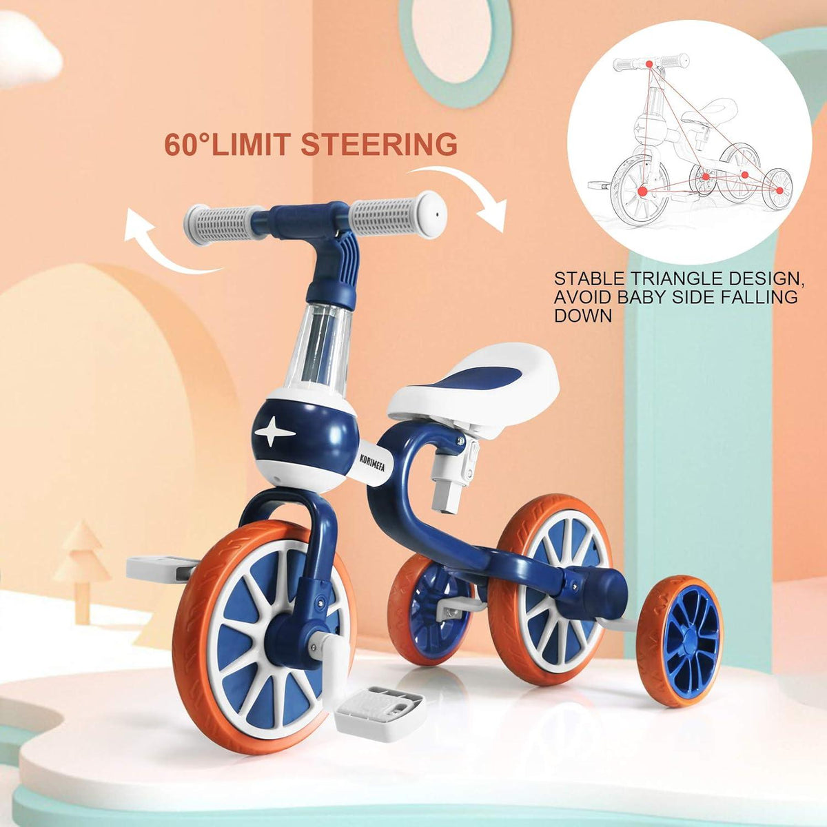 KORIMEFA 4in1 Laufrad Kinderdreirad Lauffahrrad Blau 1-4 Jahre Vibration
