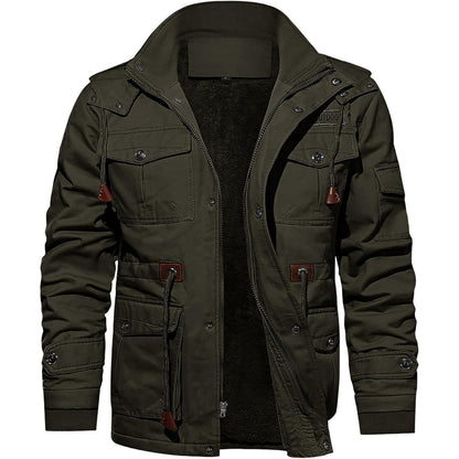 Herren Winter Fleecejacke mit Kapuze – Outdoor Cargojacke Armeegrün