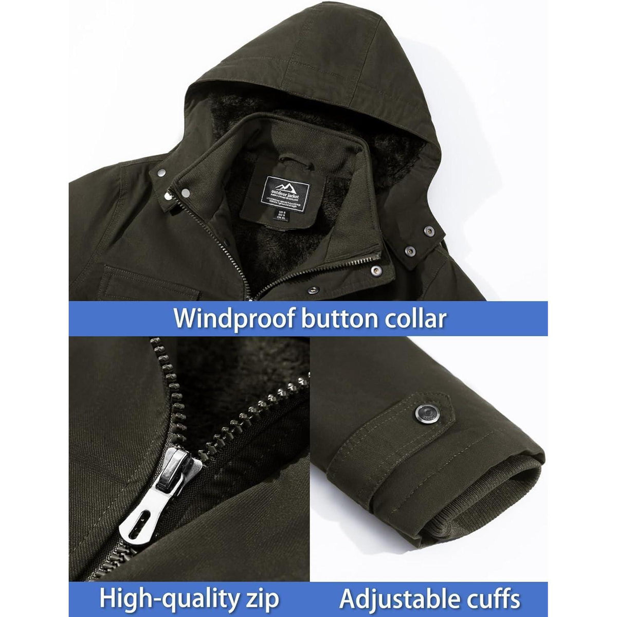Herren Winter Fleecejacke mit Kapuze – Outdoor Cargojacke Armeegrün