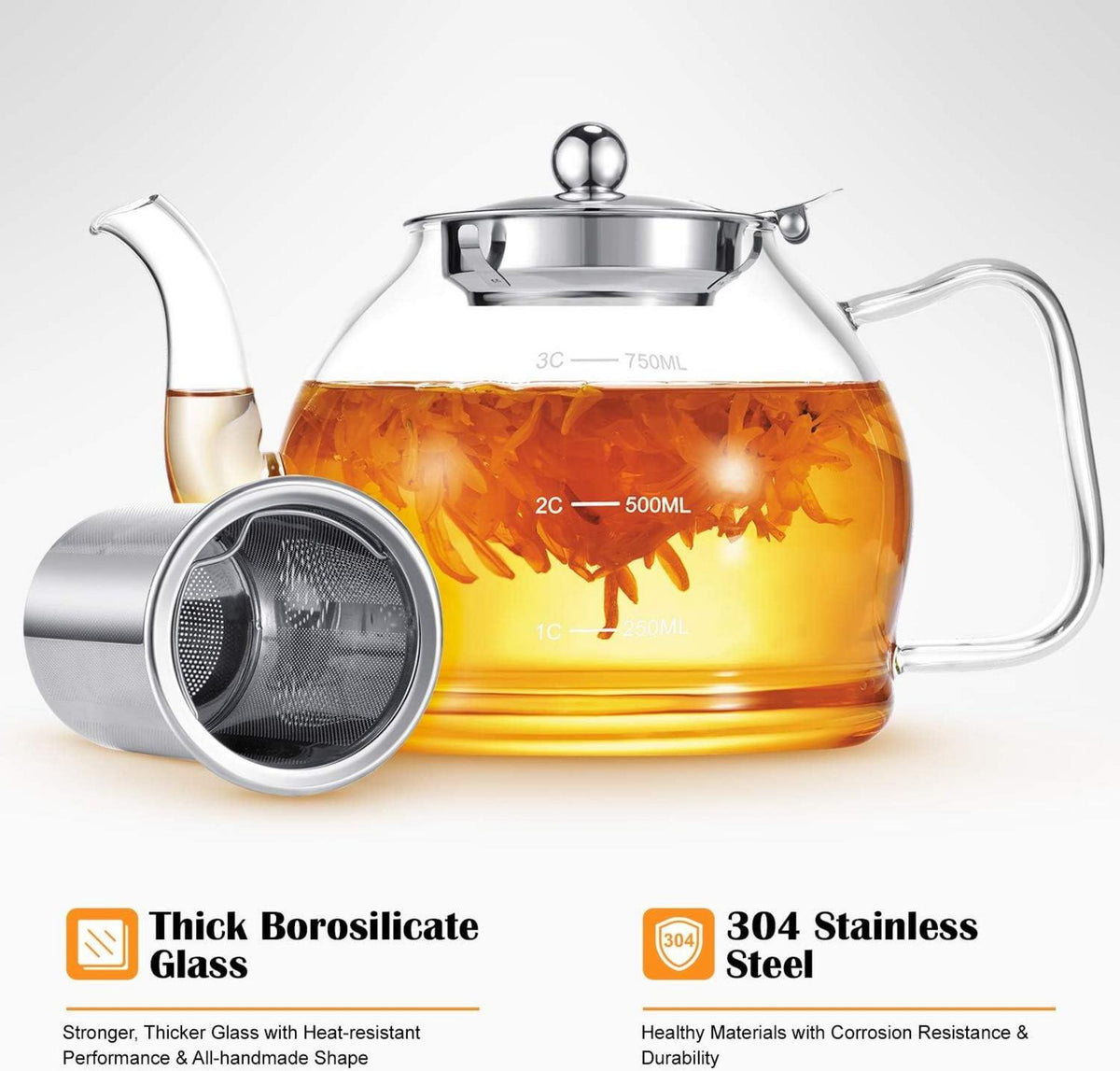 Teekanne mit Sieb Glas Borosilikatglas 800ml Hitzebeständig