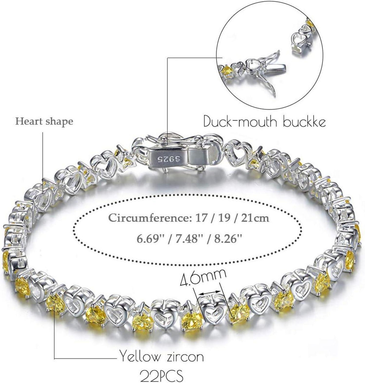 Damen S925 Silber Armband Gelb Kristall Herz 21cm