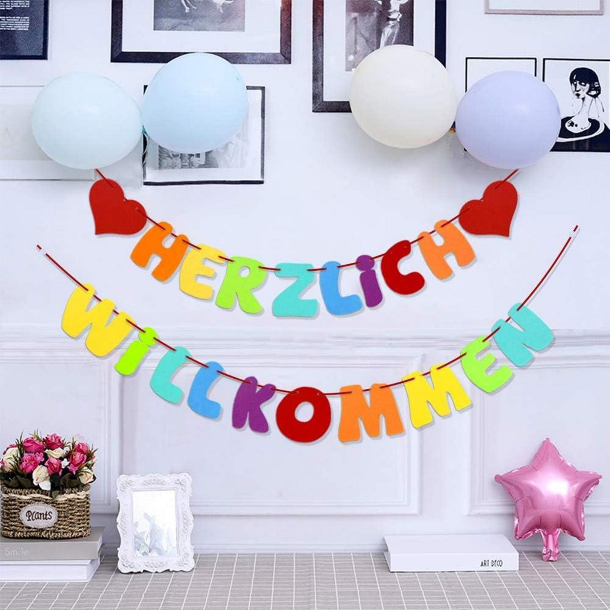 Herzlich Willkommen Girlande mit Herzen Filz Partydeko Geburtstag