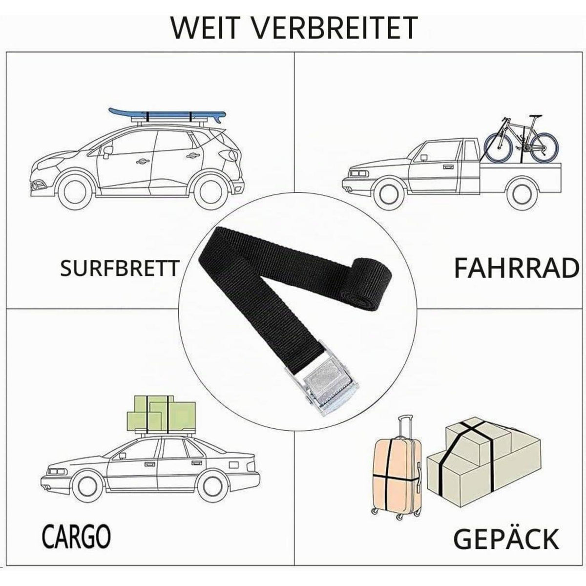 16 Spanngurte mit Klemmschloss – 2m, Schwarz, für Transport & Camping