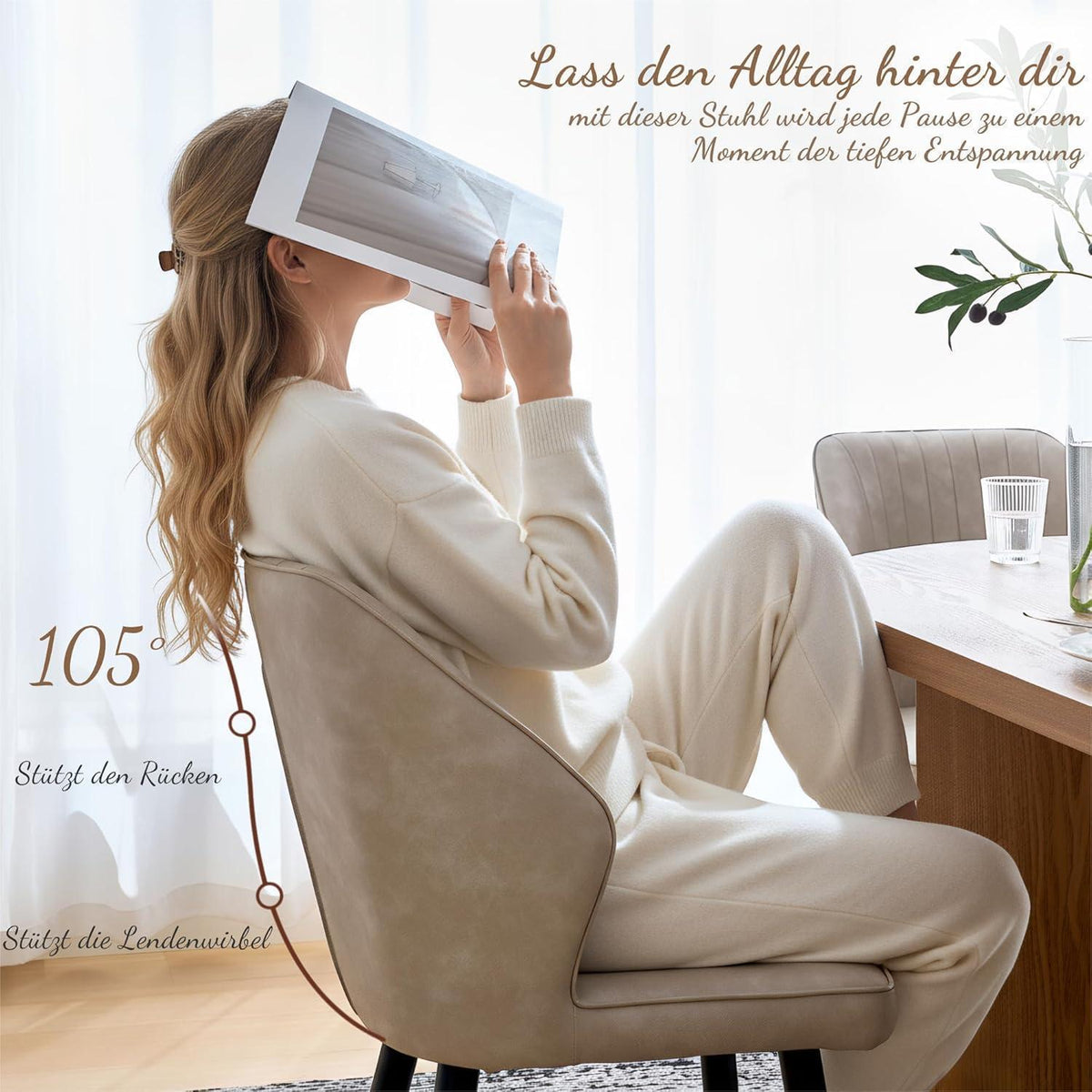 Retro Esszimmerstühle 2er Set Gepolstert Beige in Lederoptik