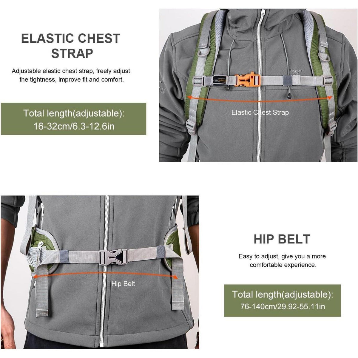 Trekkingrucksack 40L mit vielen Fächern, Armeegrün