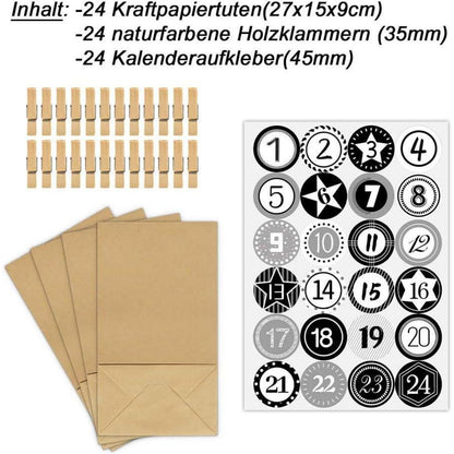 Adventskalender Kraftpapiertüten DIY Bastelset 24 Aufkleber