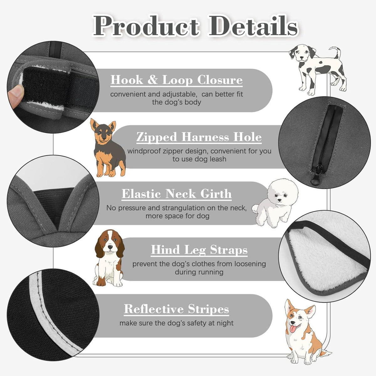 Kuoser Leinwand Hundemantel Winterjacke, Reflektierendes Fleece für Kleine Mittelgroße Hunde XS-3XL Grau