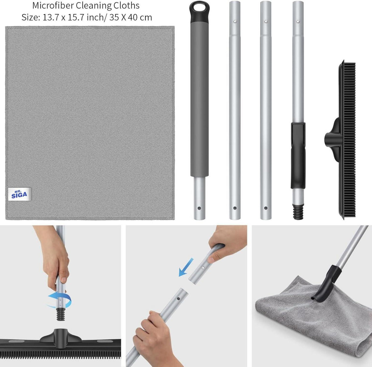 Gummibesen mit Abzieher, 3-in-1 Bodenbürste, 155cm Griff, 1