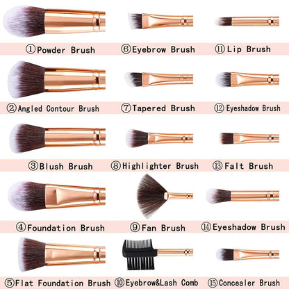 Make up Pinselset 15-teilig mit Schwamm - Synthetische
