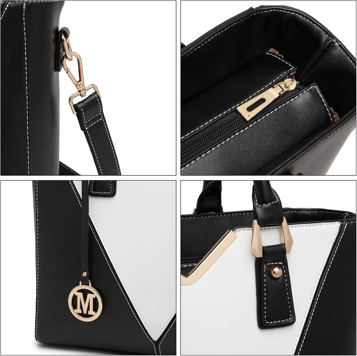 Miss Lulu Damen Handtasche Schultertasche Shopper V-Design Schwarz Echtleder