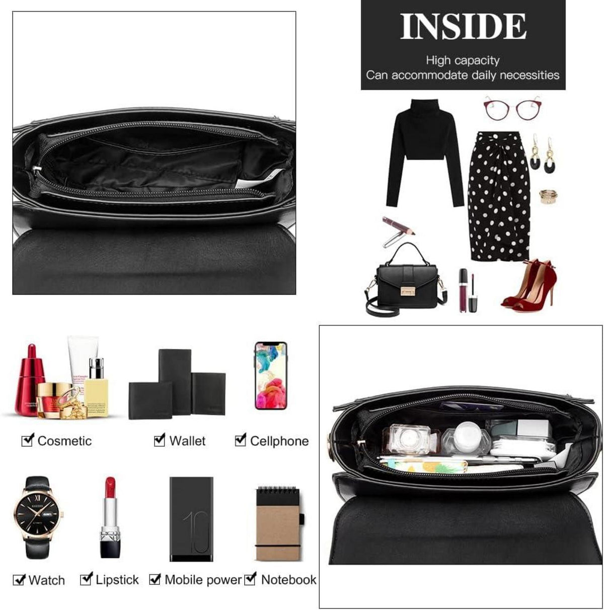 Elegante Miss Lulu Schultertasche Damen Kunstleder Schwarz