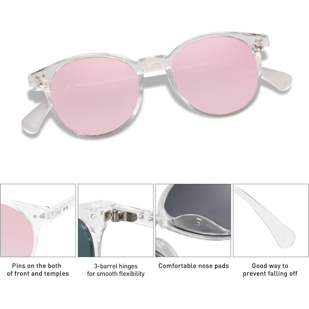 Polarisierte Runde Sonnenbrille Damen Herren UV400 Kristall Rosa Verspiegelt