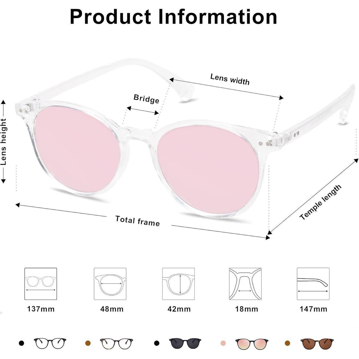 Polarisierte Runde Sonnenbrille Damen Herren UV400 Kristall Rosa Verspiegelt