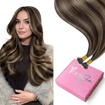 Echthaar Haarverlängerung Dunkelbraun mit Karamellblond, 55 cm
