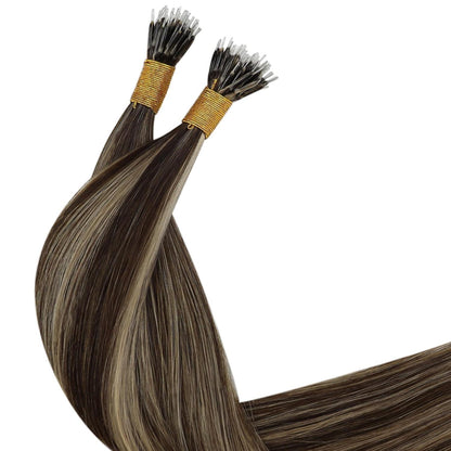 Echthaar Haarverlängerung Dunkelbraun mit Karamellblond, 55 cm
