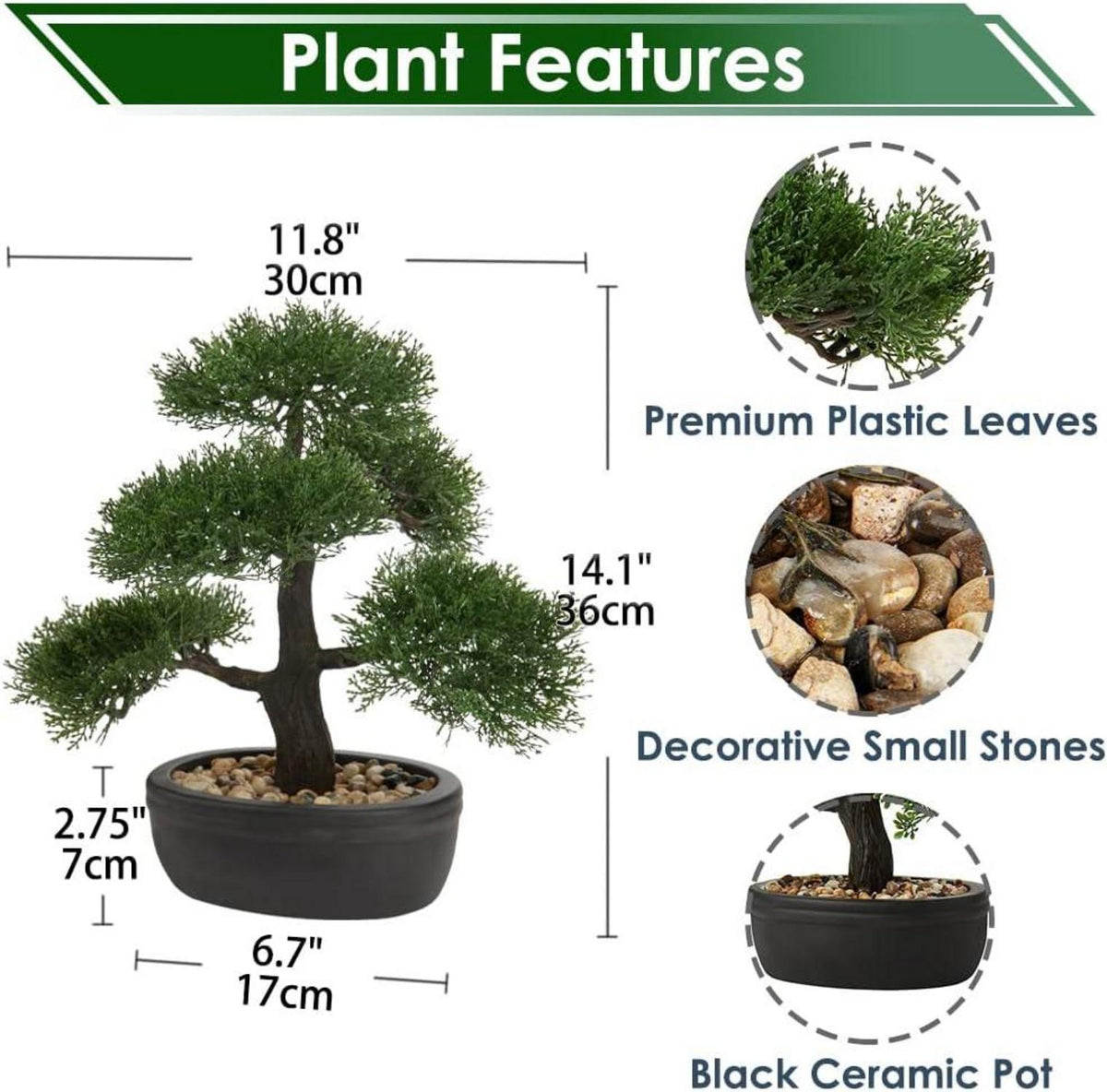 Kunstbonsai Zeder Künstliche Pflanze mit Keramiktopf Schwarz
