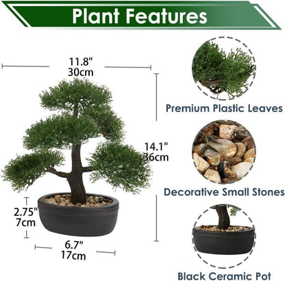 Kunstbonsai Zeder Künstliche Pflanze mit Keramiktopf Schwarz