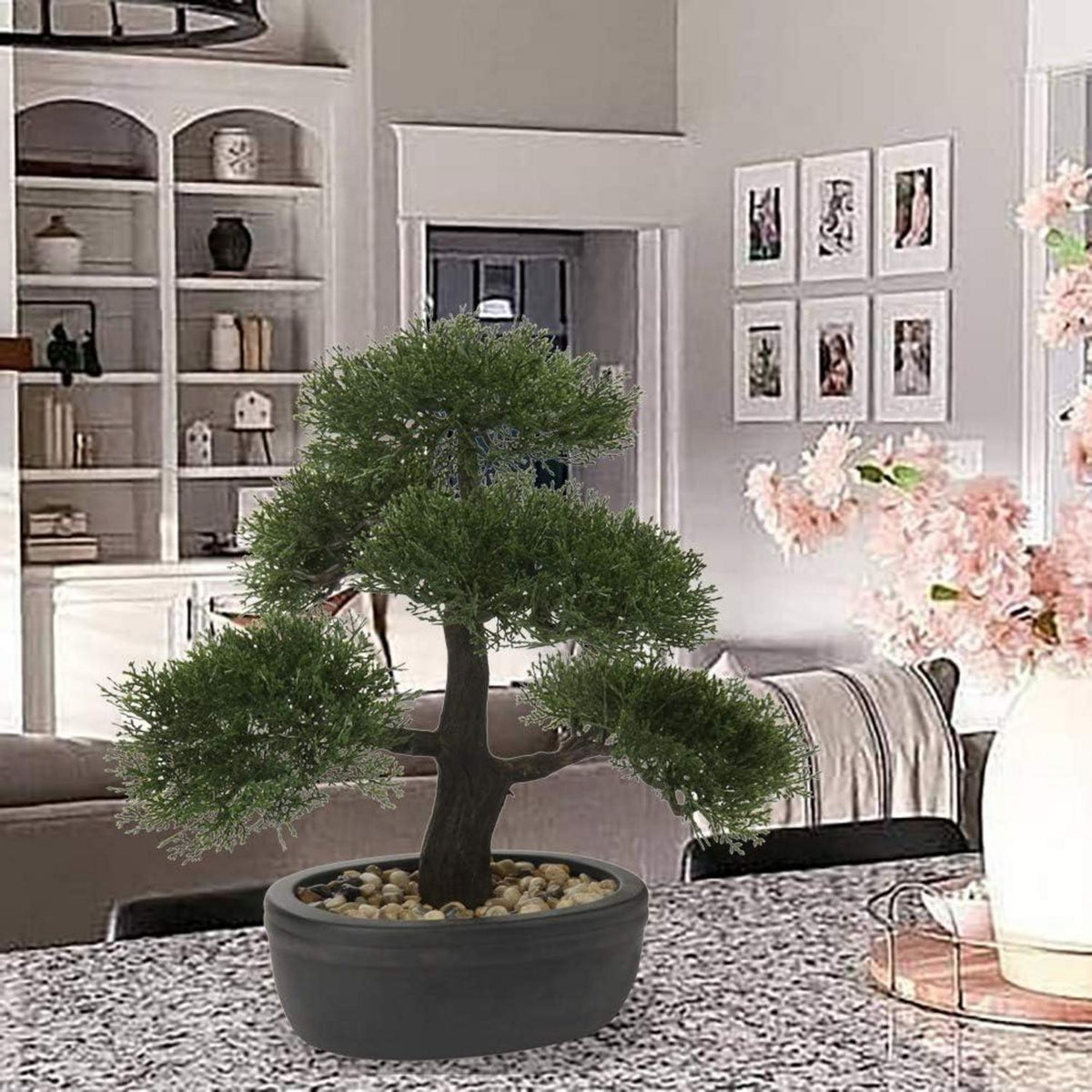 Kunstbonsai Zeder Künstliche Pflanze Schwarz Keramik-Übertopf 30x36cm