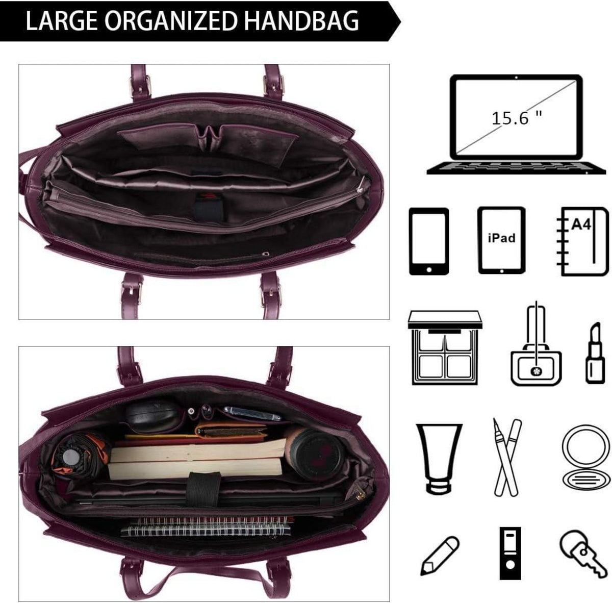 Handtasche Damen Schwarz Groß Leder Laptop Umhängetasche 15.6 Zoll