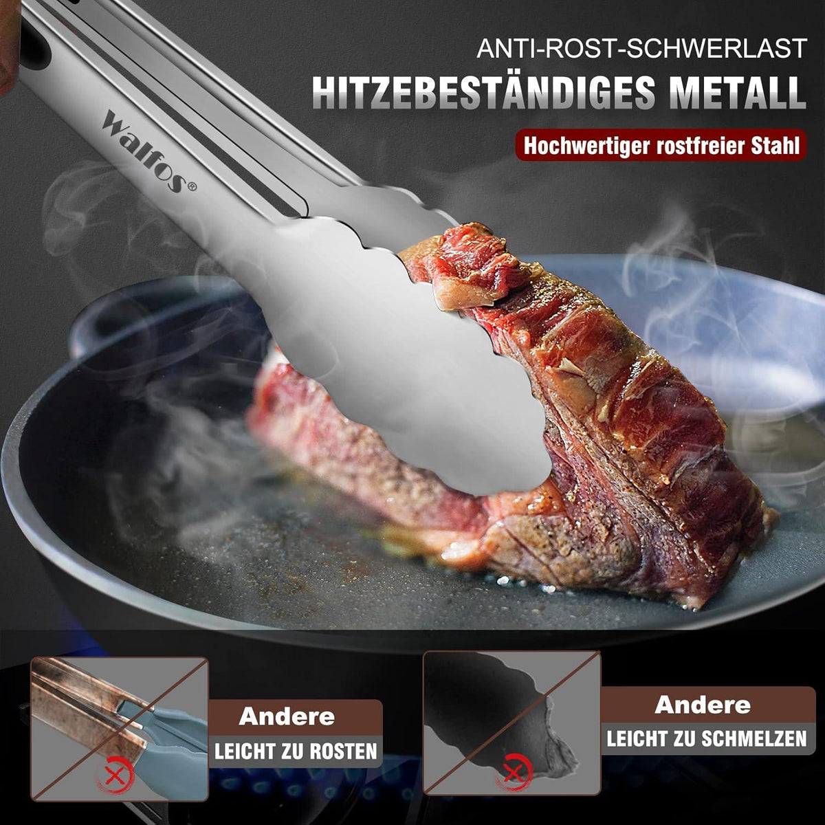 Walfos® Küchenzange Grillzange Edelstahl 3er Set 18cm 23cm