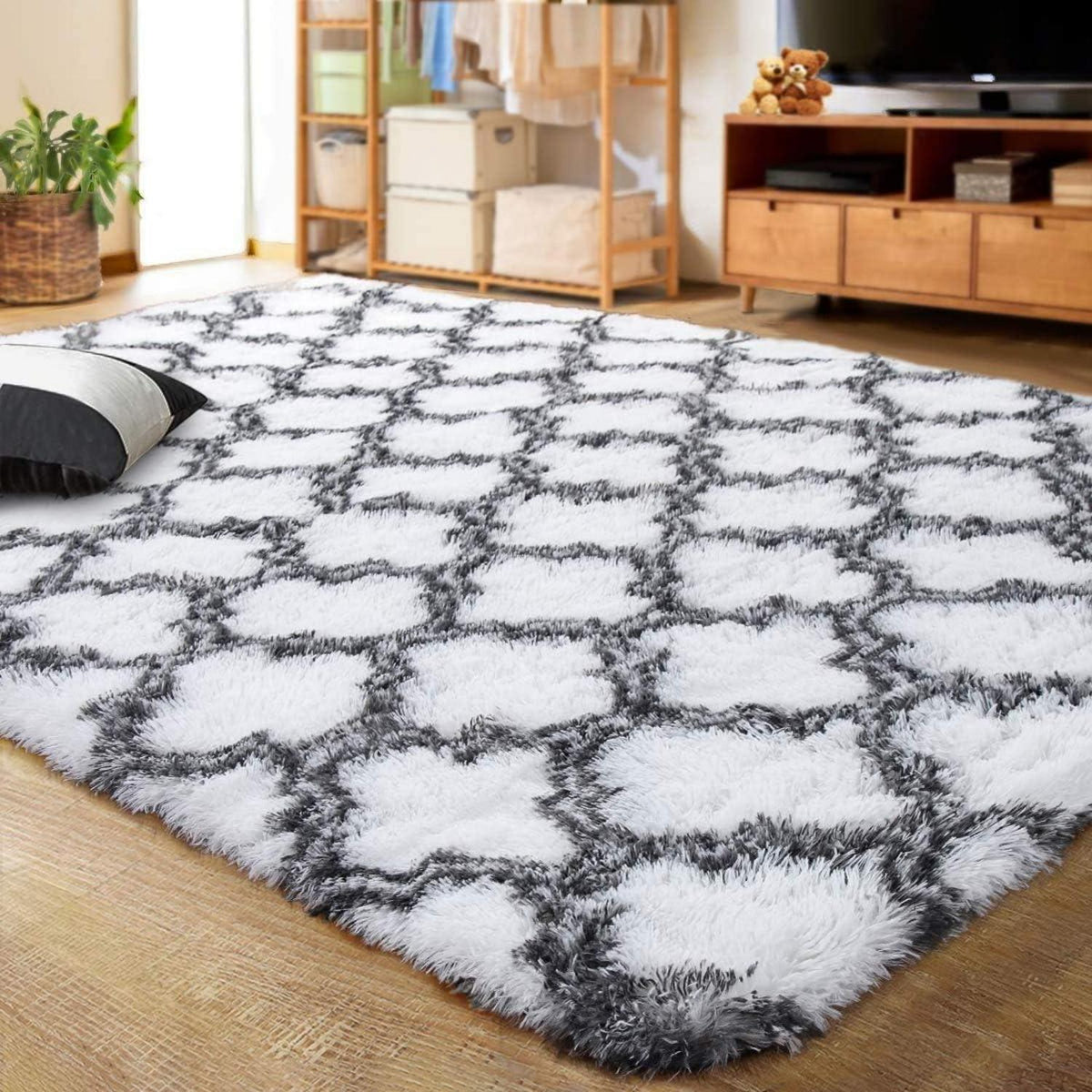 Shaggy Hochflor Teppich Flauschig Anti-Rutsch Weiß 120x160cm