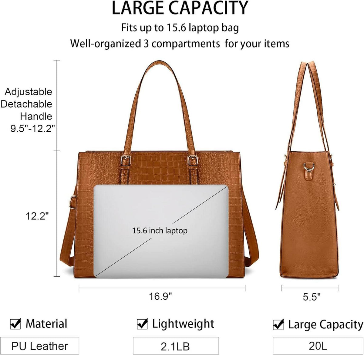 Lubardy Handtasche Damen Shopper Groß Laptop Tasche 15.6 Zoll Elegant Umhängetasche Arbeit Büro Schule Einkauf Braun