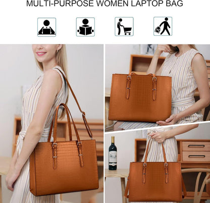 Handtasche Damen Shopper Groß 15.6 Zoll Laptop Elegant PU Leder Braun