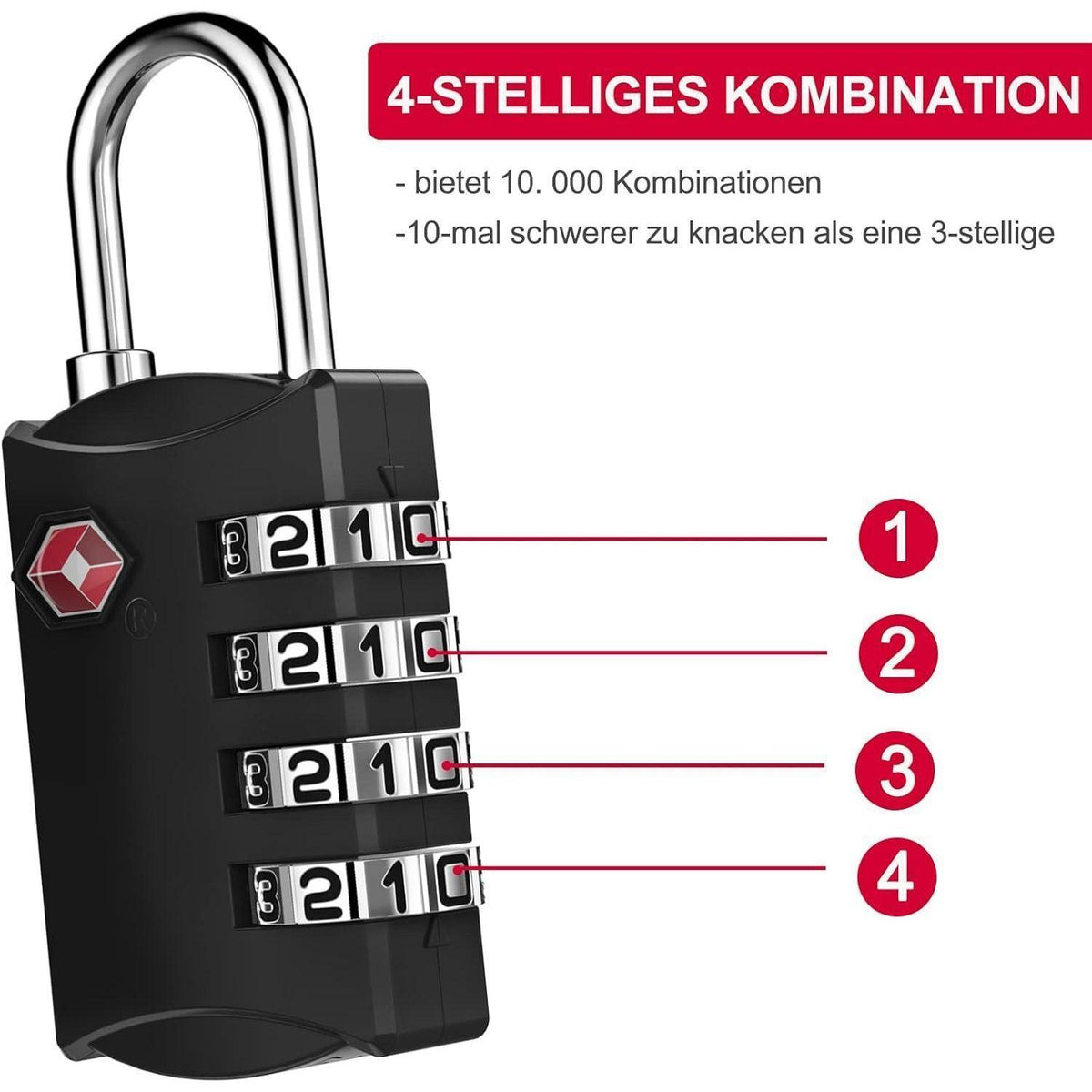 TSA Zahlenschloss 4-stellig für Koffer & Rucksack, 2 Stück Schwarz