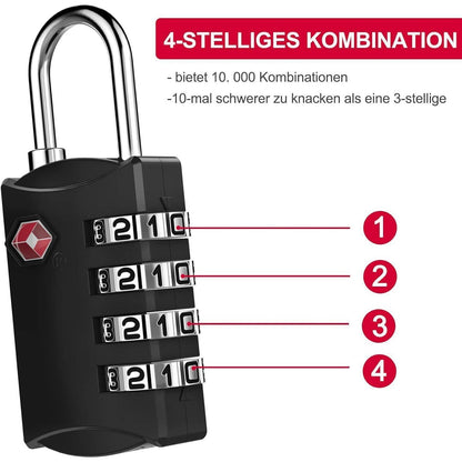 TSA Zahlenschloss 4-stellig für Koffer & Rucksack, 2 Stück Schwarz