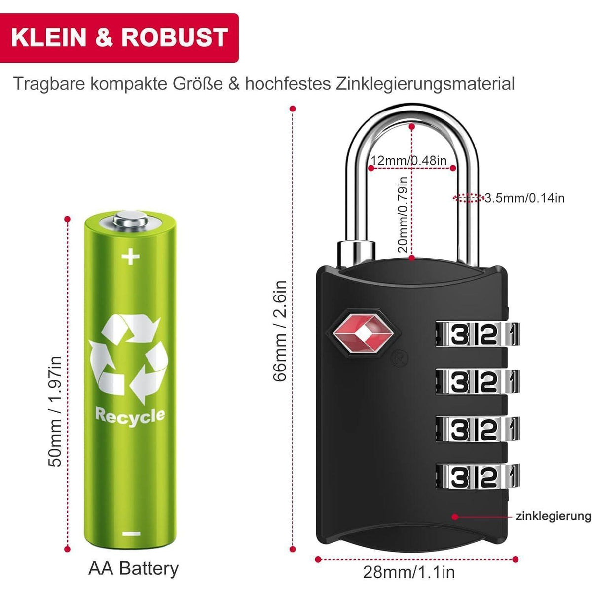 TSA Zahlenschloss 4-stellig für Koffer & Rucksack, 2 Stück Schwarz