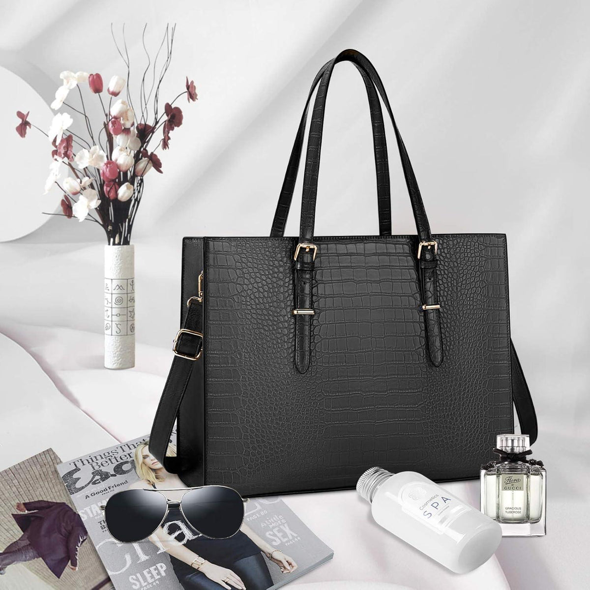 Schwarze Lubardy Handtasche Damen Shopper 15.6 Zoll PU Leder