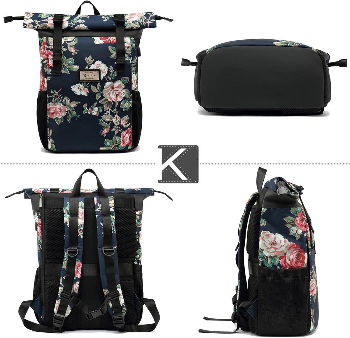 Rolltop Laptop Rucksack für Damen - Stylischer Schulrucksack 12-17