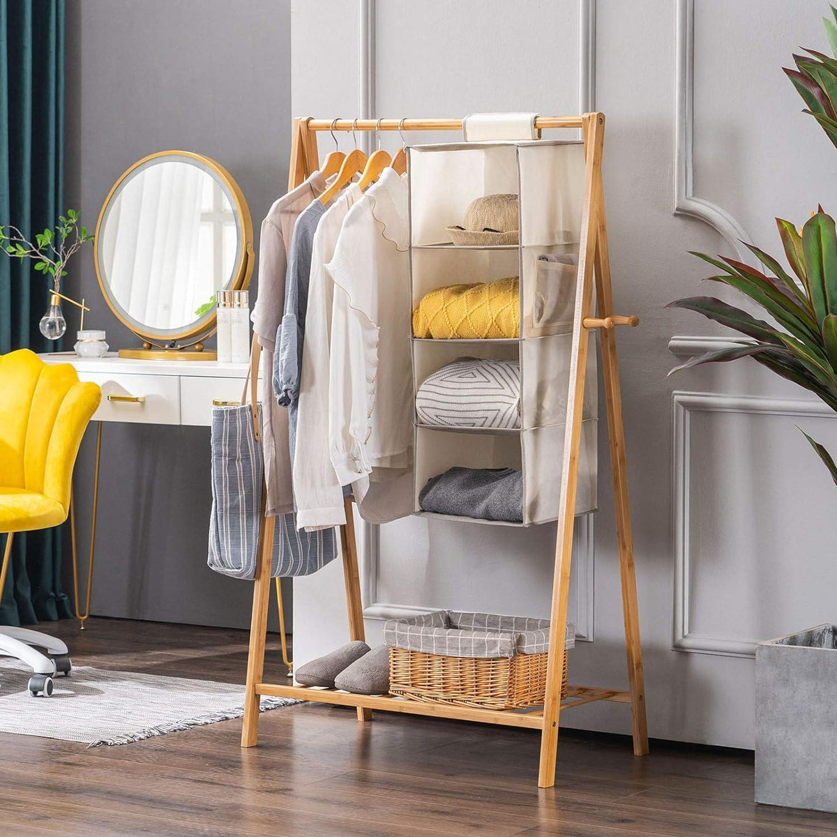 Hängeregal Bambus MDF-Platten Stabil 4 Fächer Beige