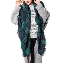 Schal Damen Karo Tartan Fransen Poncho Dunkelgrün