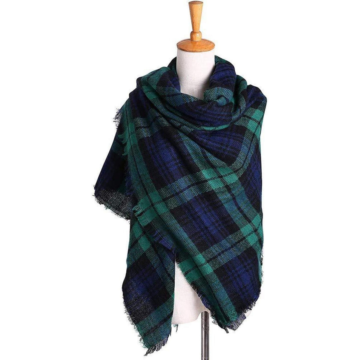 Schal Damen Karo Tartan Fransen Poncho Dunkelgrün