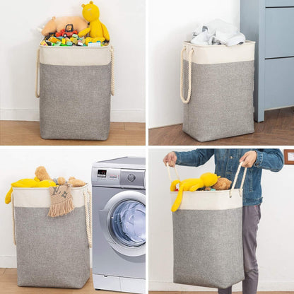 Großer Faltbarer Wäschekorb 78L mit Seilgriffen Beige Grau 60x42x31 cm