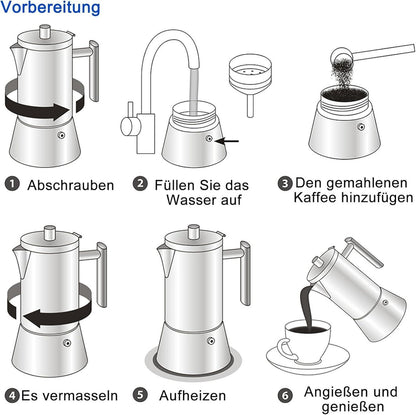 Espressokocher Edelstahl Induktion Gas Herde 6 Tassen 300ml Silber