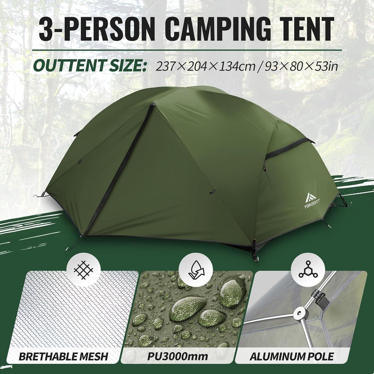 Forceatt Zelt 2-3 Personen Camping 3-4 Saison Wasserdicht