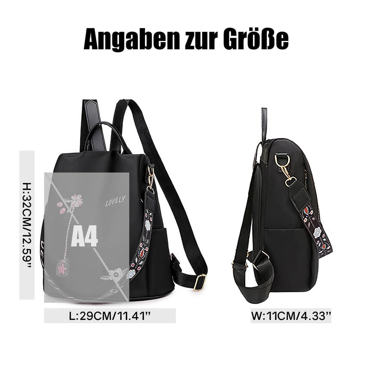 Wasserdichter Damen Rucksack Anti-Diebstahl Schulrucksack Blume Schwarz