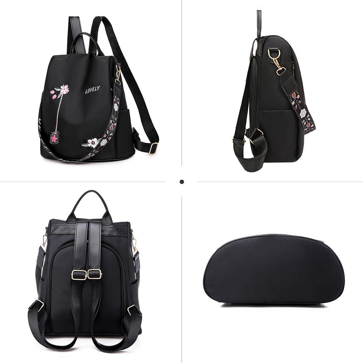 Wasserdichter Damen Rucksack Anti-Diebstahl Schulrucksack Blume Schwarz