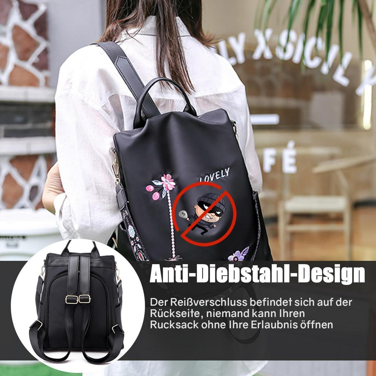 Wasserdichter Damen Rucksack Anti-Diebstahl Schulrucksack Blume Schwarz
