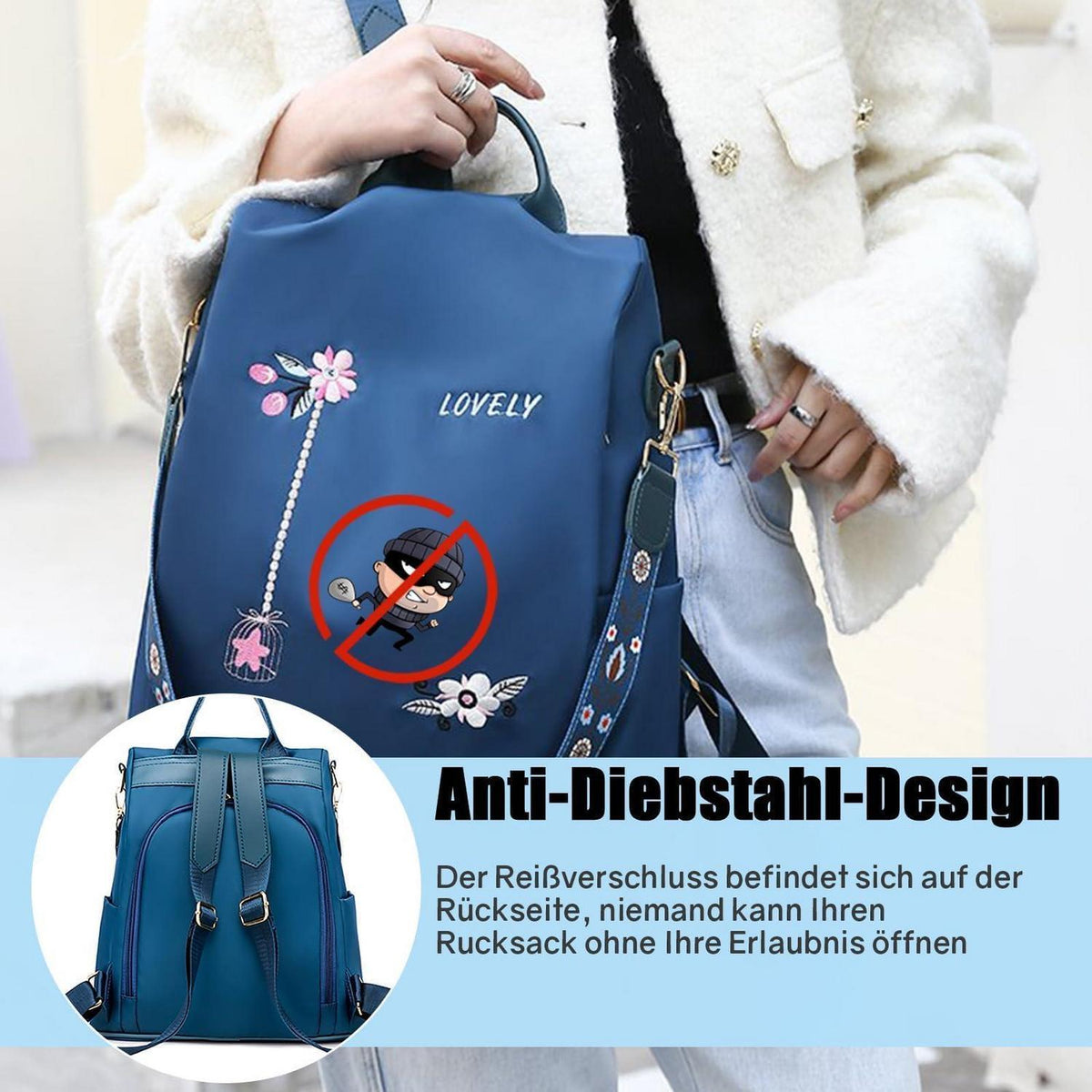 Wasserdichter Damen Rucksack Anti-Diebstahl Schulrucksack Blume Blau