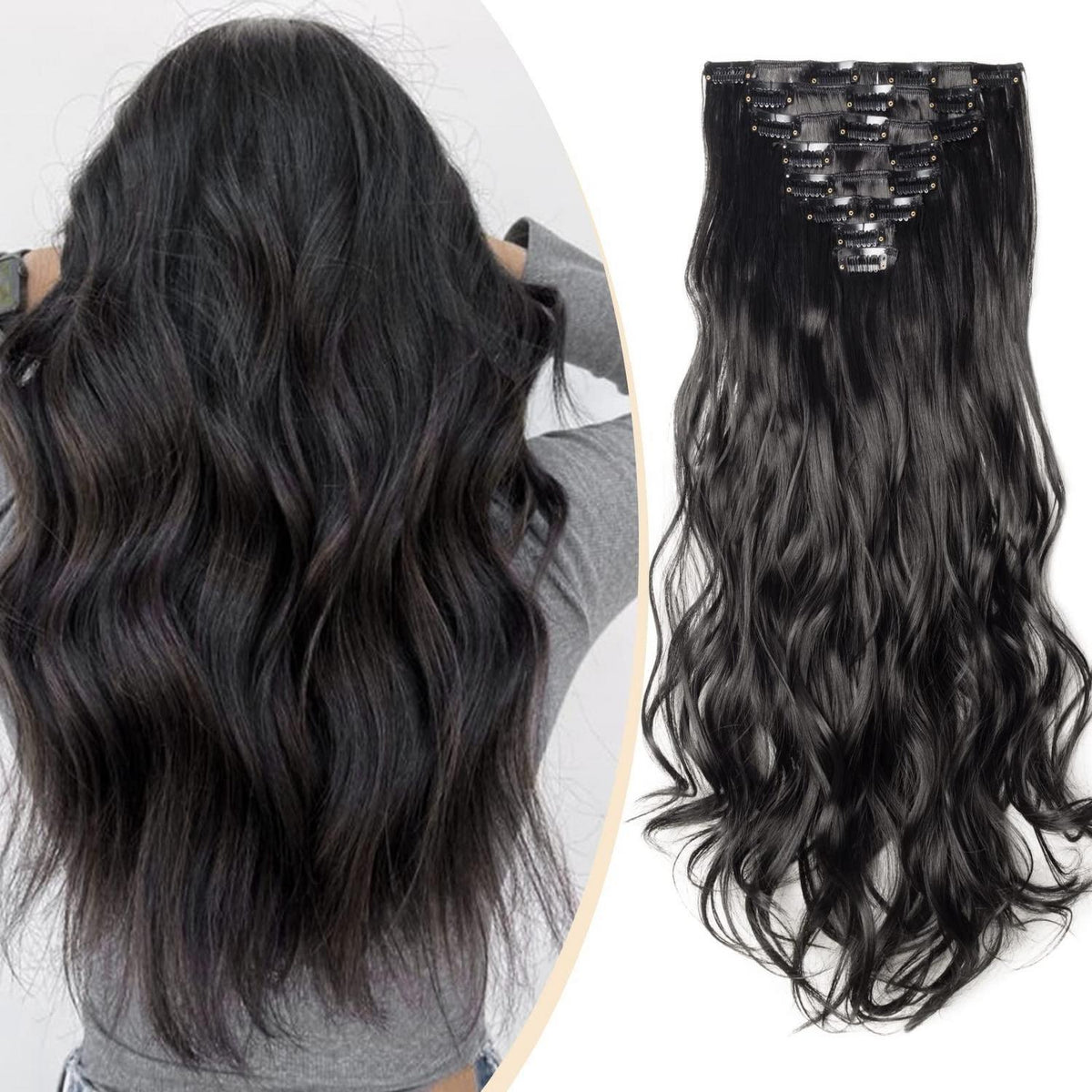 Welliges Haarverlängerung Set – Voller Kopf, 43cm, Schwarz